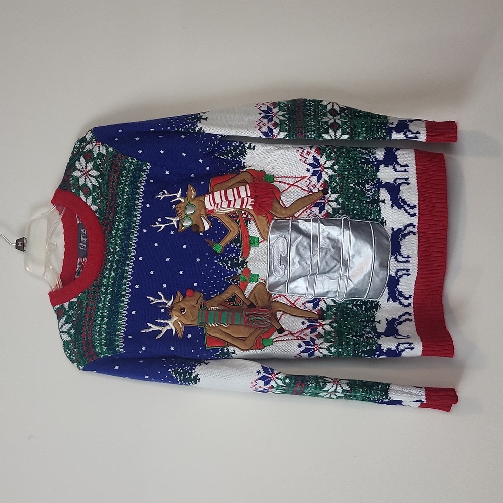33 Degrees Merry Deer Beer Cooler Pocket Nordic Ugly Christmas Holiday Sweater